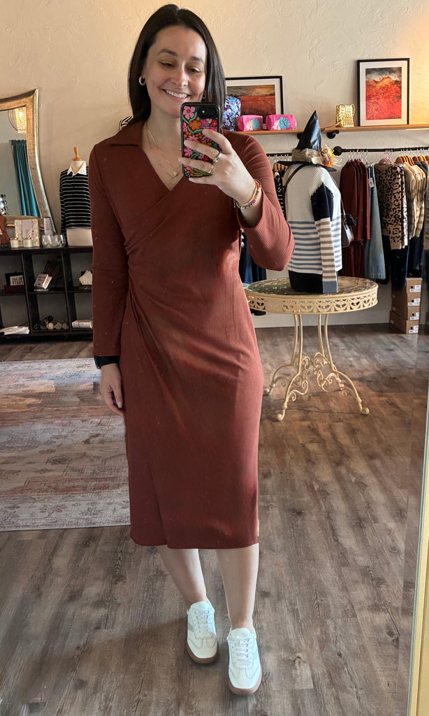 Faux Wrap Ribbed Midi Dress
